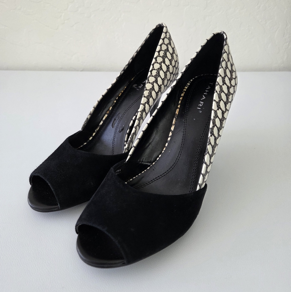 Tahari Black Suede Peep-Toe Pumps